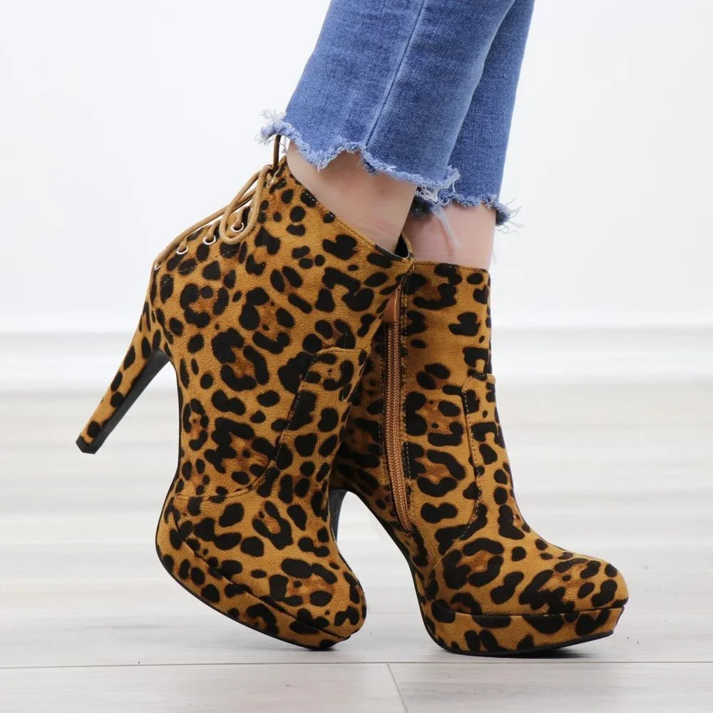 Leopard Back Lace Suede Heeled Ankle platform Booties - Picture 4 of 12
